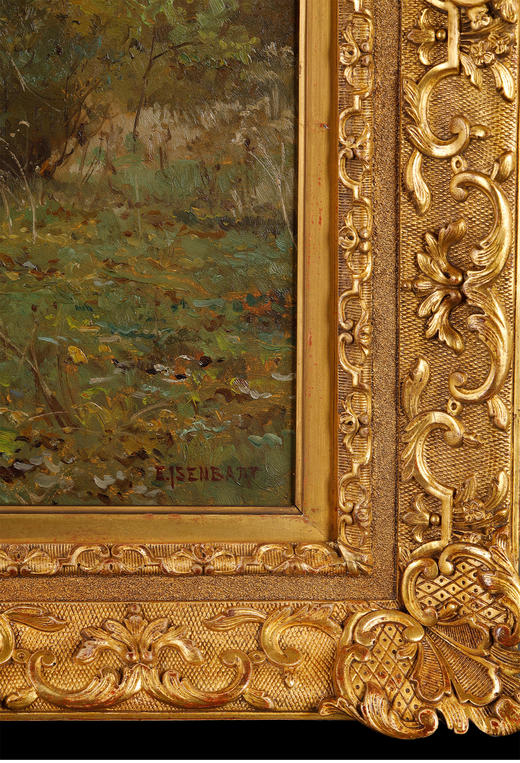 独角鹿西洋古董法国画家E.ISENBART签名风景布面油画《杜河风光》 商品图4