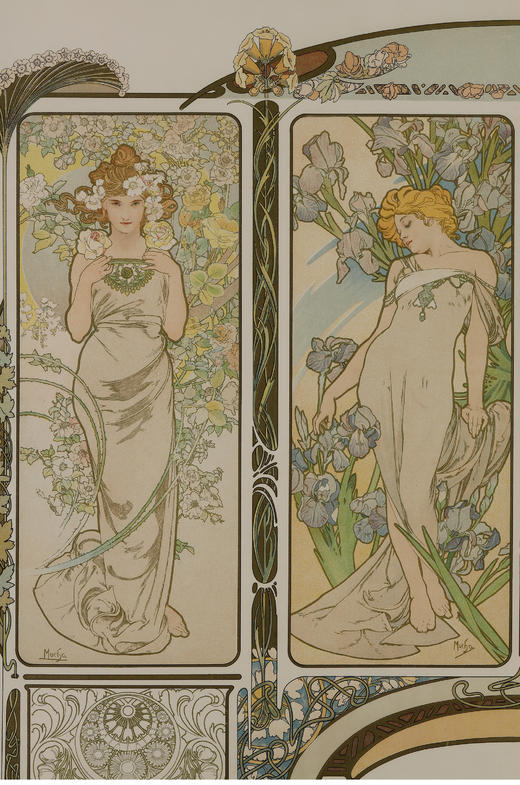 独角鹿西洋古董新艺术时期穆夏签名原版版画四时花卉Les Fleurs 商品图3