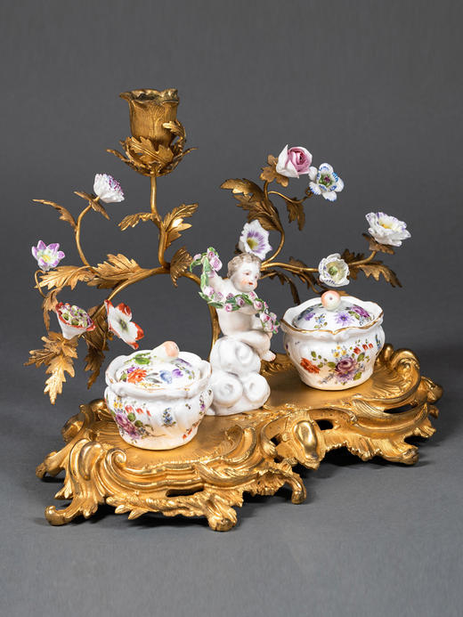 独角鹿西洋古董小天使花卉彩绘陶瓷洛可可风铜鎏金烛台式墨水台 商品图2