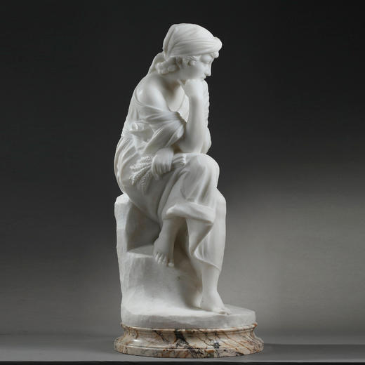 独角鹿西洋古董意大利雕塑家签名白色大理石雕塑沉思的年轻女子 商品图2