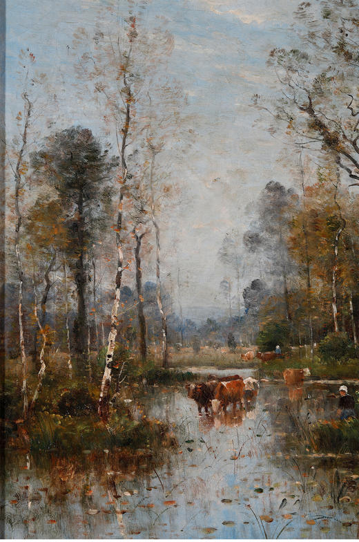 独角鹿西洋古董法国画家Japy签名风景布面油画林间空地中的牛群 商品图2