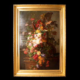 独角鹿西洋古董法国画家Jean-Pierre Laÿs布面油画鲜花与乐器