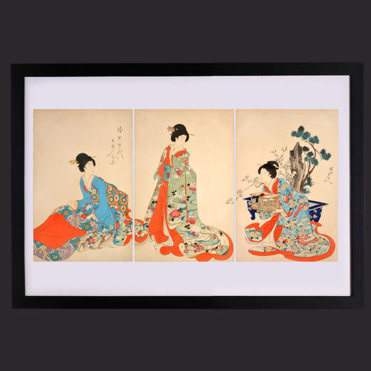 独角鹿西洋古董浮世绘大师杨洲周延三联幅版画徳川時代貴婦人の図 商品图2