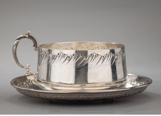 独角鹿西洋古董银器工坊BOULANGER纯银浮雕热奶巧克力杯碟一对 商品图3