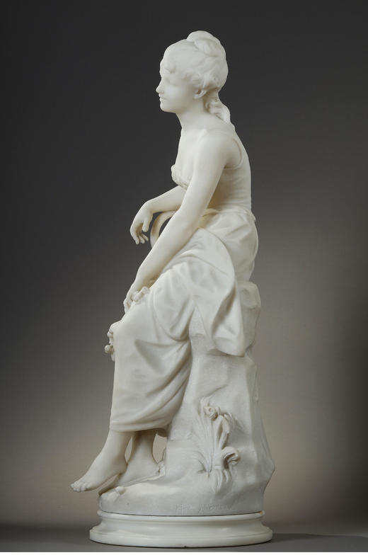 独角鹿西洋古董法国雕塑家签名新艺术风花篮少女卡拉拉大理石雕塑 商品图4