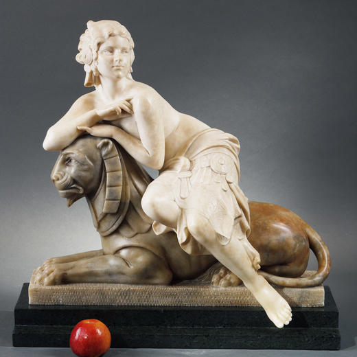 独角鹿西洋古董雕塑女子与狮身人面像主题雪花大理石蛇纹石雕像 商品图1