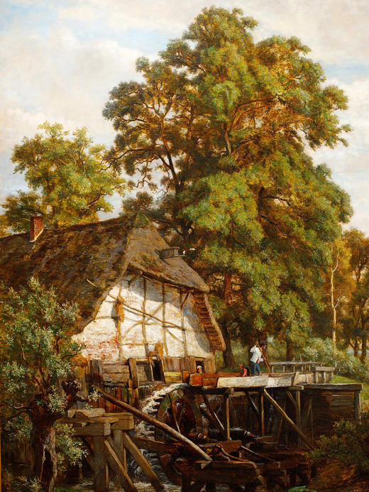 独角鹿西洋古董画家T. Fourmois风景布面油画坎皮内森林边的磨坊 商品图2