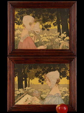 独角鹿西洋古董亨利-普利维-利维蒙特石版画《纺纱者》《刺绣者》