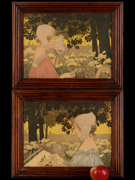 独角鹿西洋古董亨利-普利维-利维蒙特石版画《纺纱者》《刺绣者》 商品图0