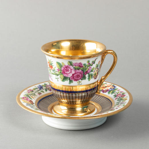 独角鹿西洋古董法国Feuillet瓷窑手绘花卉铂金描金咖啡杯碟套装 商品图0