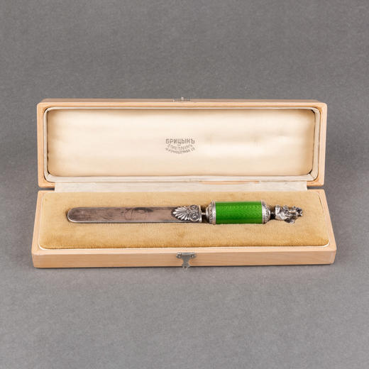 独角鹿西洋古董19世纪末俄罗斯法贝热工坊大象绿珐琅银翻书杖 商品图0