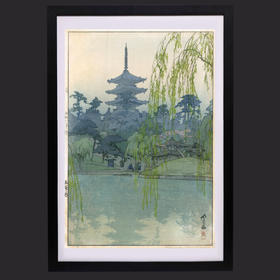 独角鹿西洋古董日本昭和时代吉田博签名新版画《猿泽池》