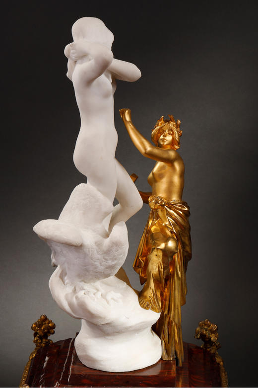 独角鹿西洋古董法国拿破仑三世时期铜鎏金大理石群雕雕塑的寓言 商品图3