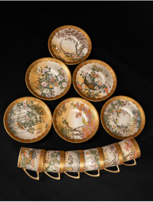 独角鹿西洋古董瓷器日本金彩色绘品錦光山造萨摩烧下午茶杯碟套件 商品图2