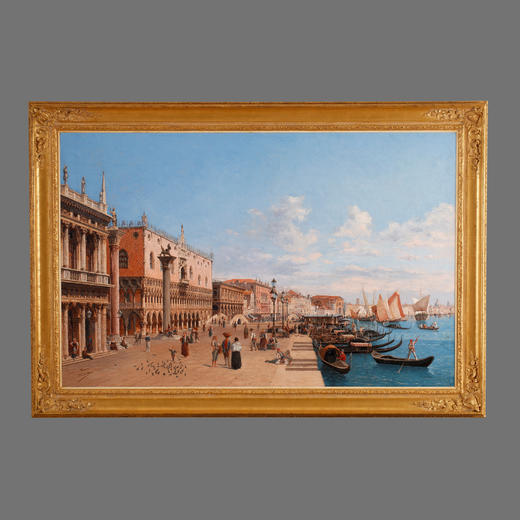 独角鹿西洋古董比利时画家Franz VAN DEN HOVE签名风景油画威尼斯 商品图0