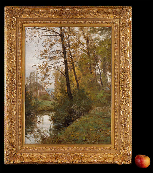 独角鹿西洋古董法国画家E.ISENBART签名风景布面油画《杜河风光》 商品图1