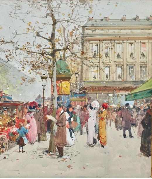 独角鹿西洋古董法国艺术家签名水粉画《络绎不绝的马德莱娜大道》 商品图4