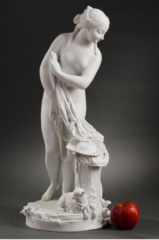 独角鹿西洋古董19世纪欧洲出品牧羊少女出浴主题素胎瓷雕塑摆件 商品图1