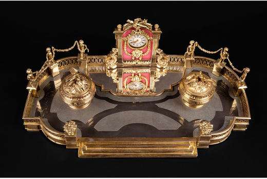 独角鹿西洋古董法国纯银镀金粉色珐琅钟表雕刻宫廷花园造型墨水台 商品图2