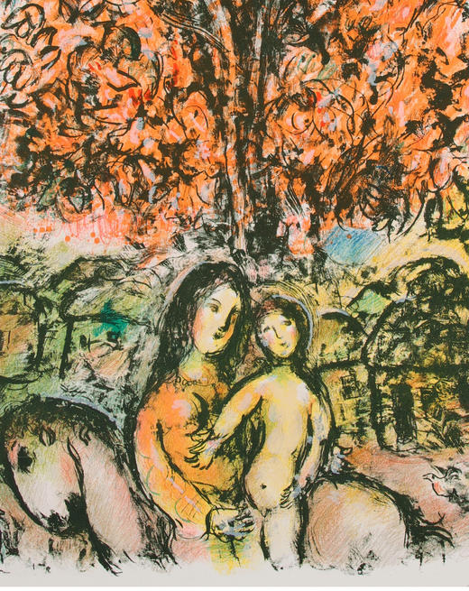 独角鹿西洋古董现代艺术大师夏加尔创作彩色石板版画作品圣家族 商品图3