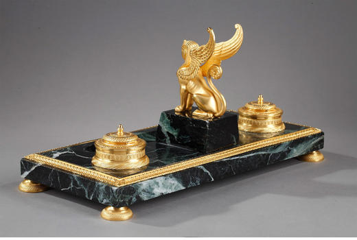 独角鹿西洋古董摆件法国大理石铜鎏金狮身人面斯芬克斯主题墨水台 商品图2