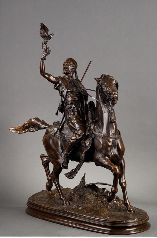 独角鹿西洋古董雕塑家P. J. MENE. 青铜雕塑马背上的阿拉伯猎鹰人 商品图1