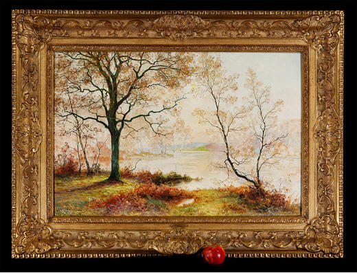 独角鹿西洋古董巴比松画派画家Rigolot布面油画风景作品《池畔》 商品图1