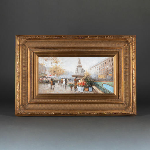 独角鹿西洋古董画家B.owen签名Marché aux Fleurs-花市主题油画 商品图0