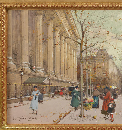 独角鹿西洋古董法国艺术家签名水粉画《冬日的巴黎马德莱娜广场》 商品图1