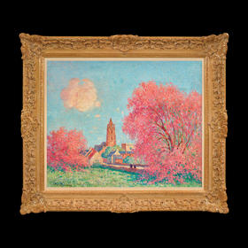 独角鹿西洋古董F.du.Puigaudeau签名油画作品《繁花盛开的柽柳》