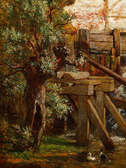 独角鹿西洋古董画家T. Fourmois风景布面油画坎皮内森林边的磨坊 商品图4