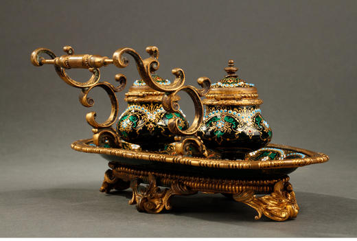 独角鹿西洋古董摆件法国手提式铜鎏金饰布雷松珐琅手绘墨水台 商品图4