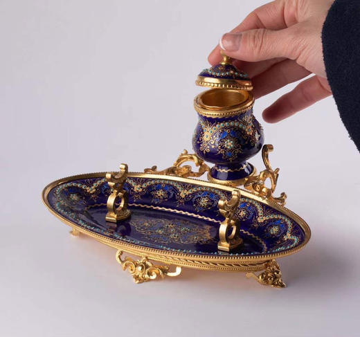 独角鹿西洋古董拿破仑三世时期法国出品铜鎏金布雷松珐琅墨水台 商品图2