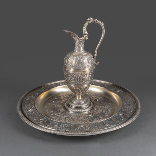 独角鹿西洋古董银器法国浮雕信望爱主题镀银水壶玫瑰露水盘 商品图0