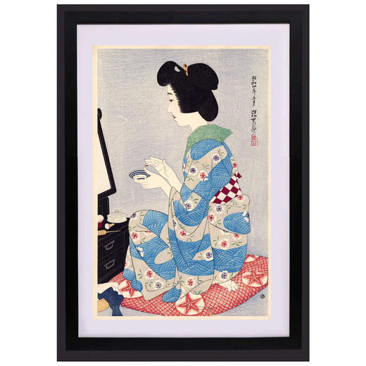 独角鹿西洋古董日本画家伊东深水签名云母装饰限量版画《口脂》 商品图0