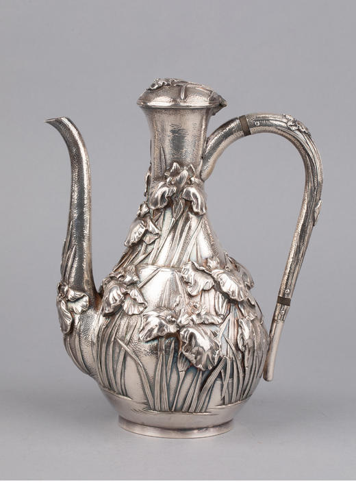 独角鹿西洋古董银器日本明治时期东方鸢尾主题纯银雕花下午茶套件 商品图2