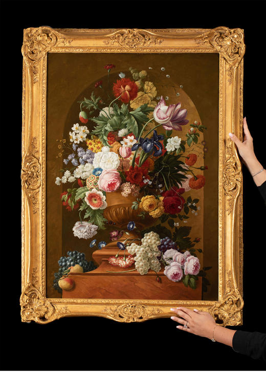 独角鹿西洋古董法国静物画壁龛中的古典花瓶与花卉布面油画⼀对 商品图1