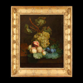独角鹿西洋古董法国画家签名花卉静物油画《桌上的葡萄李子与桃》