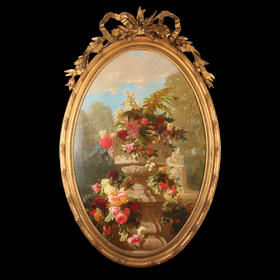 独角鹿西洋古董比利时画家J. Robie签名静物花卉布面油画《花》