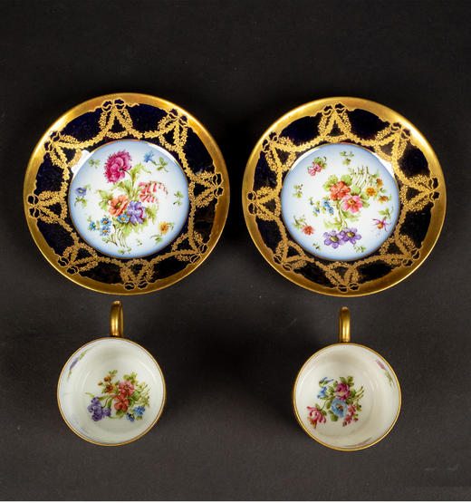 独角鹿西洋古董法国描金蓝釉浮雕珐琅手绘花卉瓷器杯碟双人套装 商品图3