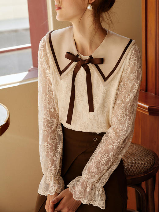 欧芮儿长袖衬衫女秋季新款2022修身衬衣蕾丝撞色杏色学院风上衣 商品图2