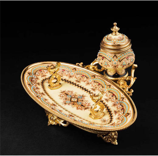 独角鹿西洋古董1840年代法国铜鎏金装饰水仙黄布雷松珐琅墨水台 商品图2