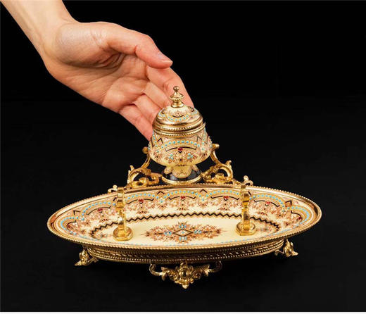 独角鹿西洋古董1840年代法国铜鎏金装饰水仙黄布雷松珐琅墨水台 商品图1