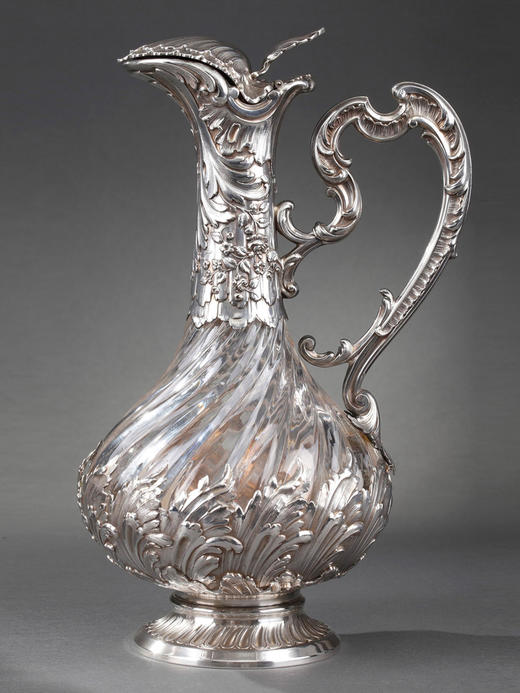 独角鹿西洋古董法国银匠工坊签名路易十五风纯银精雕水晶酒壶一对 商品图1