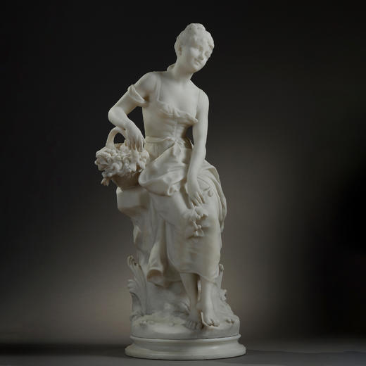 独角鹿西洋古董法国雕塑家签名新艺术风花篮少女卡拉拉大理石雕塑 商品图0