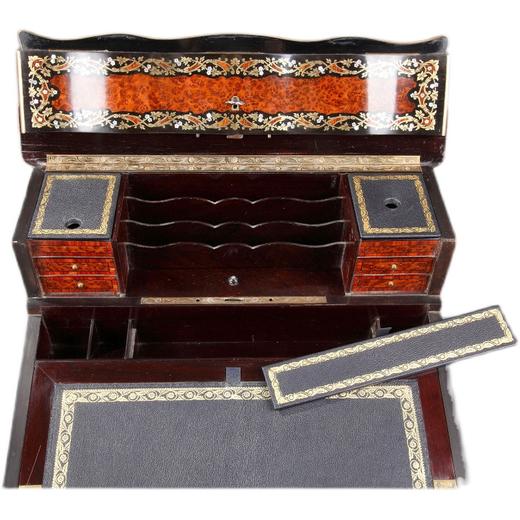 独角鹿西洋古董拿破仑三世时期法国黄铜母贝镶嵌香木便携式书写箱 商品图4