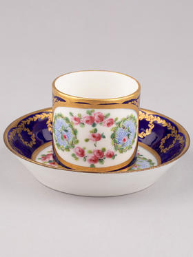 独角鹿西洋古董塞弗尔瓷器Commelin手绘描金彩色花卉帝王蓝釉杯碟