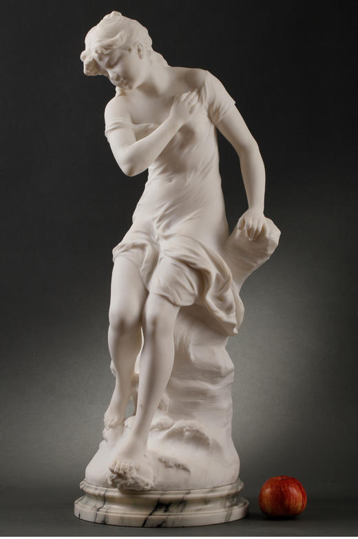 独角鹿西洋古董法国雕塑家A. Moreau大理石雕塑《低头少女》 商品图1