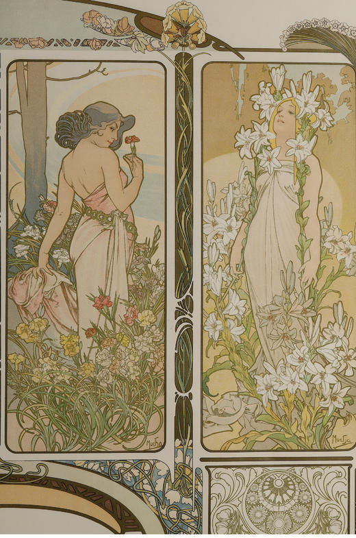 独角鹿西洋古董新艺术时期穆夏签名原版版画四时花卉Les Fleurs 商品图2