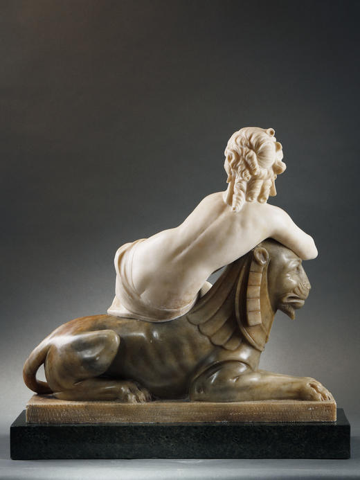 独角鹿西洋古董雕塑女子与狮身人面像主题雪花大理石蛇纹石雕像 商品图4